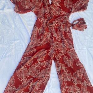 Leaf Print Jumpsuit in Burnt Orange